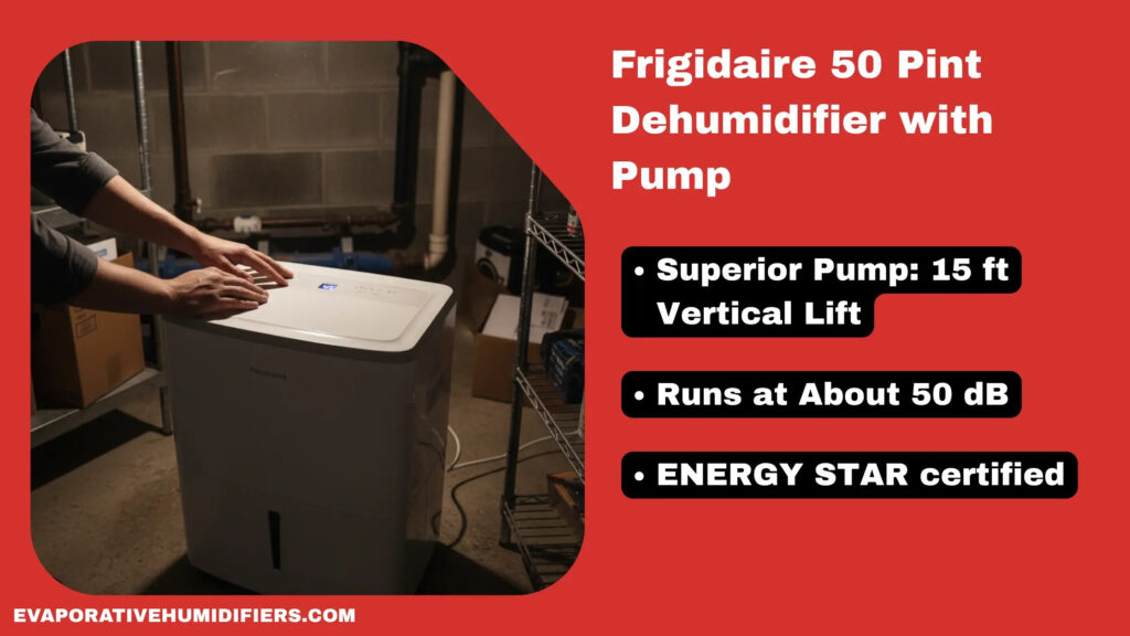 3. Frigidaire 50 Pint Dehumidifier with Pump for Large Rooms and Basements - tested by evaporativehumidifiers.com